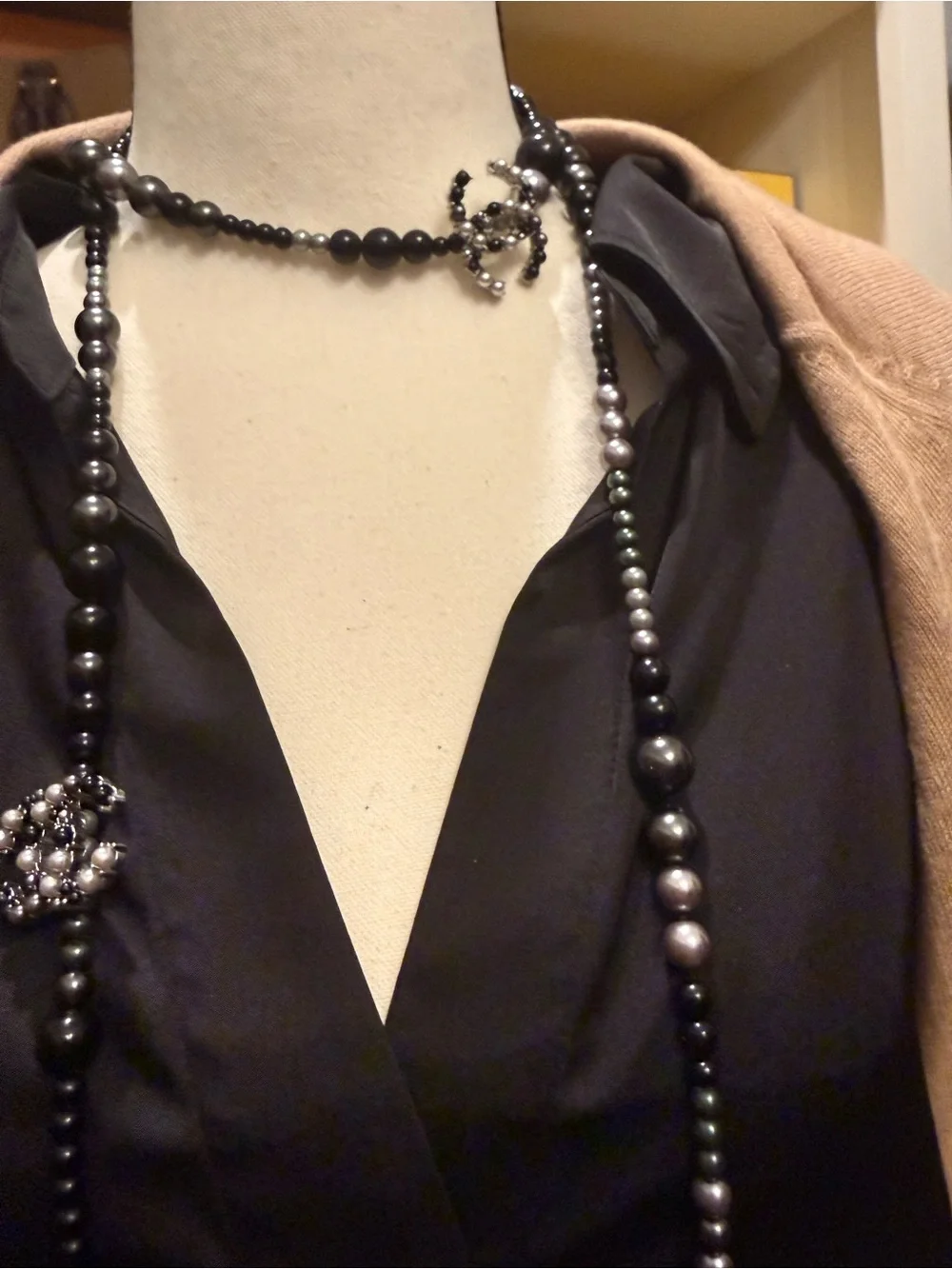 CHANEL Long Black and Silver Beaded Necklace with Pearl Accents